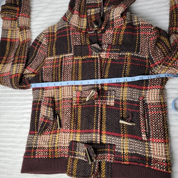BKE Plaid Wool Toggle Coat Jacket M Hooded Brown Red Yellow Check Y2K Retro - Picture 4 of 7